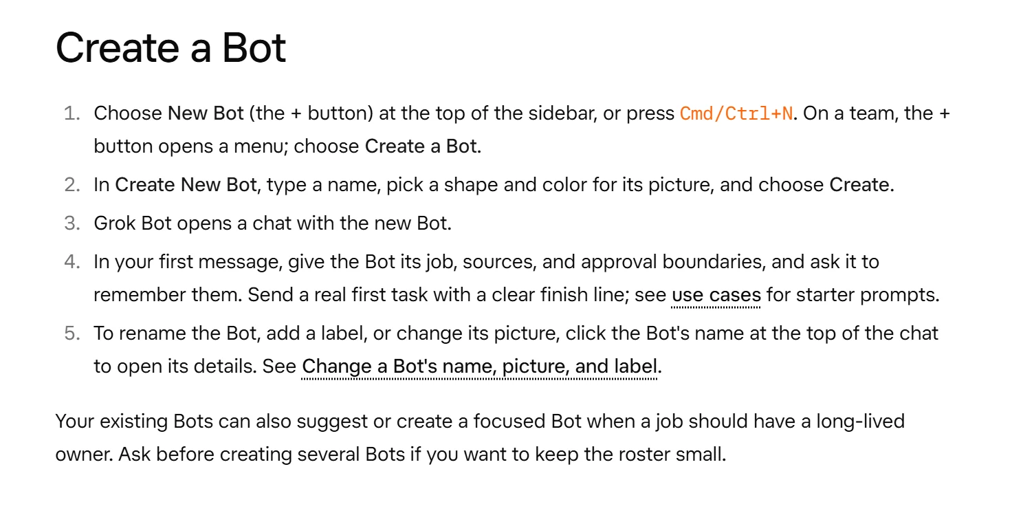 Documentación oficial · Create and manage Bots › Create a Bot. Captura del 29/10/2026 · texto oficial del proveedor, en inglés.