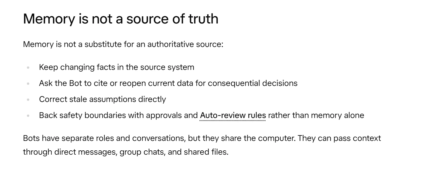 Documentación oficial · Create and manage Bots › Memory is not a source of truth. Captura del 29/10/2026 · texto oficial del proveedor, en inglés.