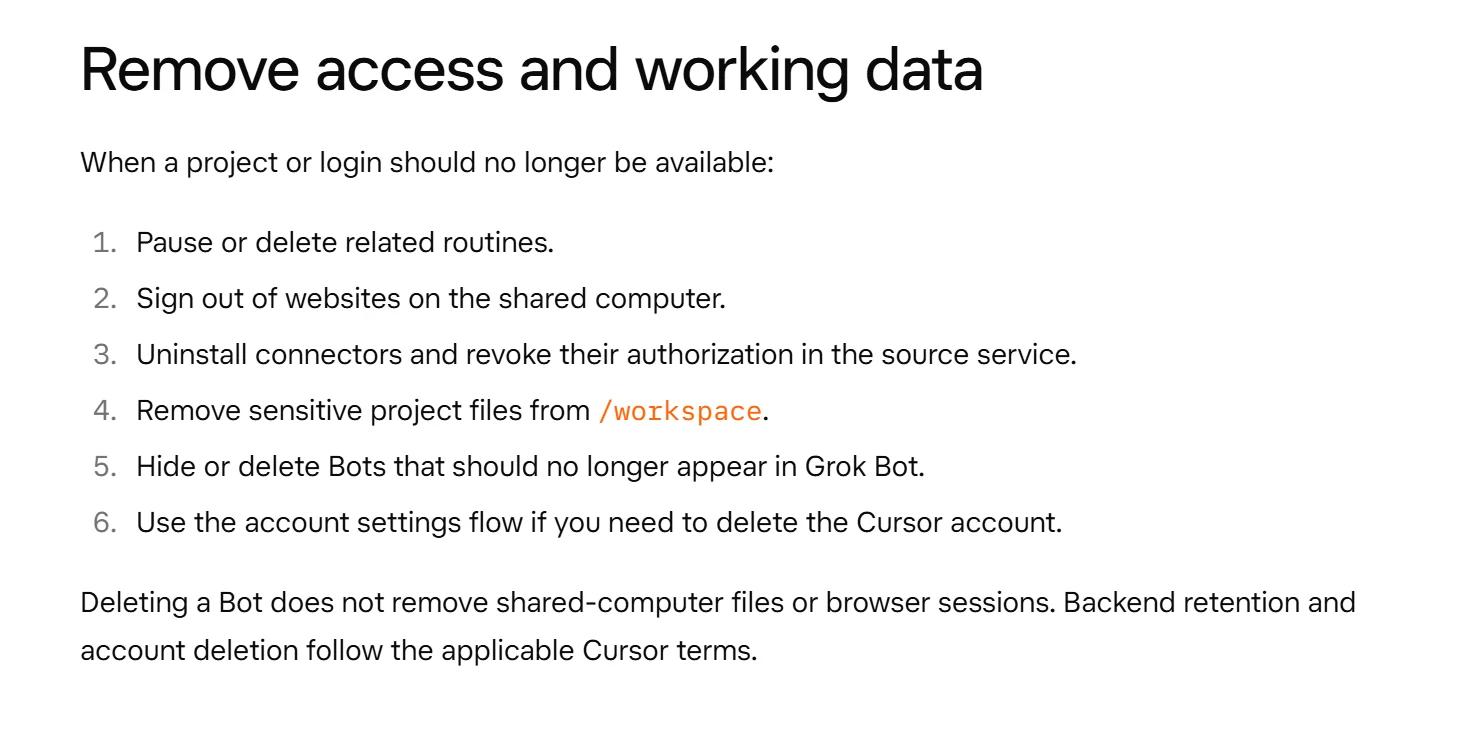 Documentación oficial · Approvals, security, and privacy › Remove access and working data. Captura del 29/10/2026 · texto oficial del proveedor, en inglés.