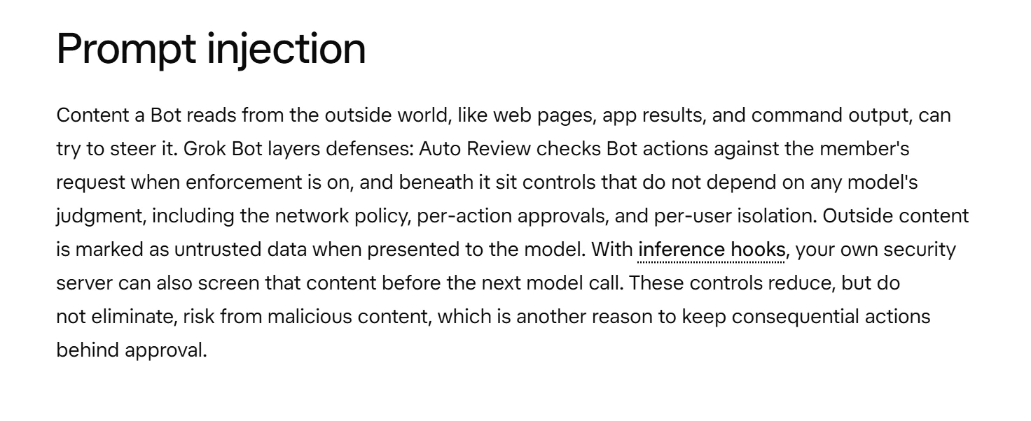 Documentación oficial · Grok Bot security › Prompt injection. Captura del 29/10/2026 · texto oficial del proveedor, en inglés.