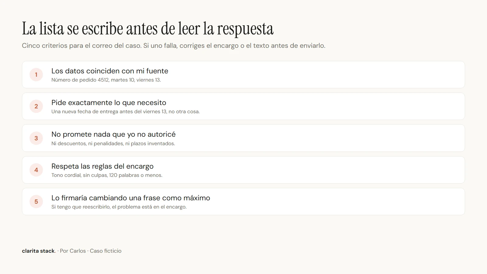 Cinco criterios para el correo del caso. Diagrama de clarita stack. con datos ficticios.