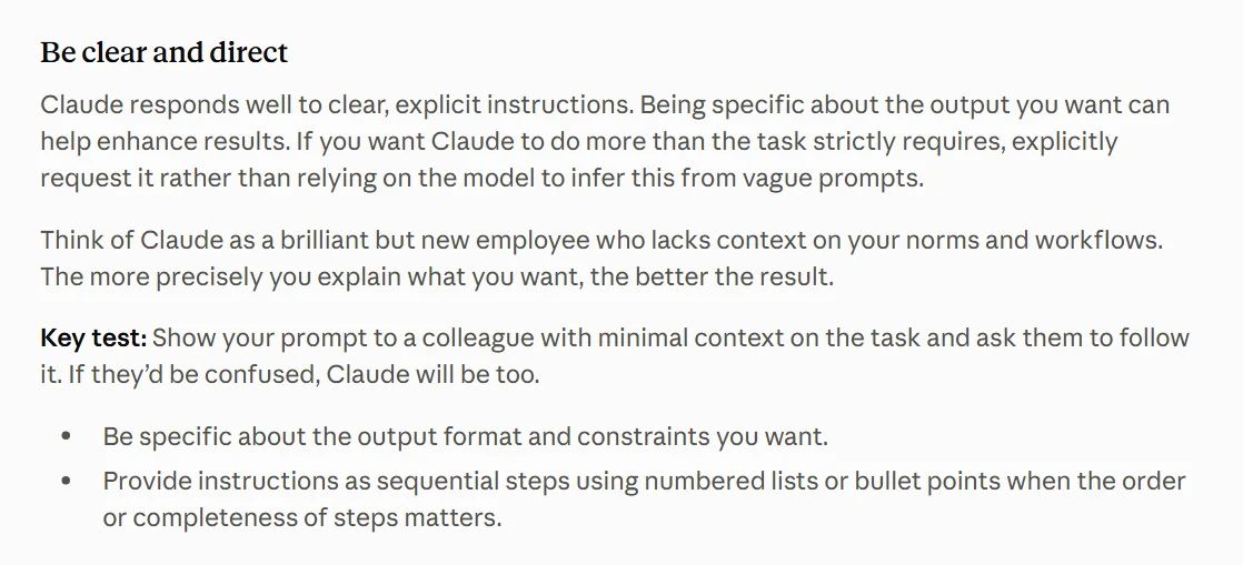 Anthropic · Prompting best practices › Be clear and direct. Documentación del proveedor; es una guía de uso, no un estudio. Captura del 30/10/2026 · texto original en inglés.