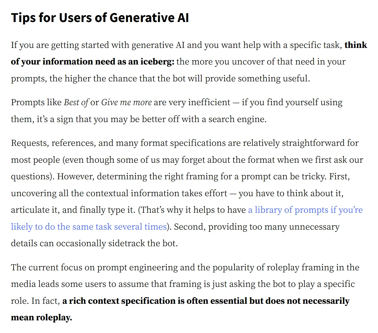 Nielsen Norman Group · Prompt Structure… › Tips for Users of Generative AI. Recomendaciones derivadas de un estudio cualitativo. Captura del 30/10/2026 · texto original en inglés.