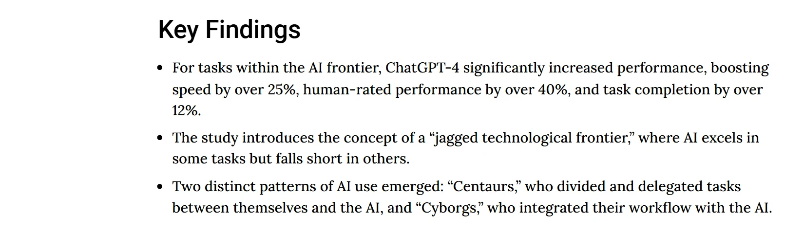 HBS AI Institute · Navigating the Jagged Technological Frontier › Key Findings. Un estudio, una empresa, un modelo de 2023. Captura del 30/10/2026 · texto original en inglés.