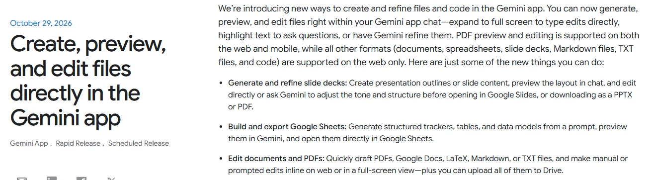 Captura del anuncio de Google del 29 de octubre de 2026: «Create, preview, and edit files directly in the Gemini app», con el párrafo que describe los formatos y dónde se editan.
